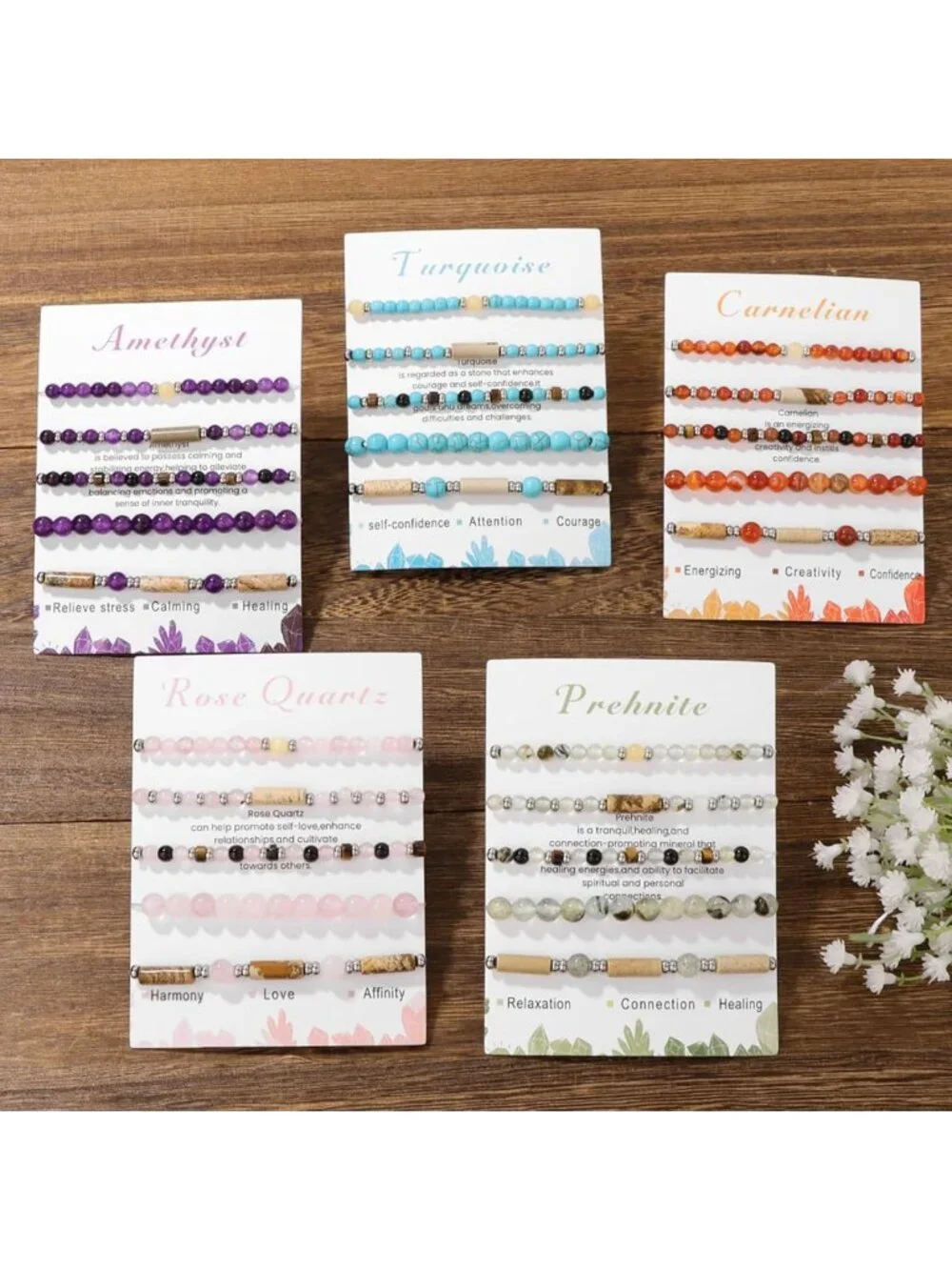 5Pcs Stackable Natural Stone Crystal Bracelets Set for Women - Healing Gemstone